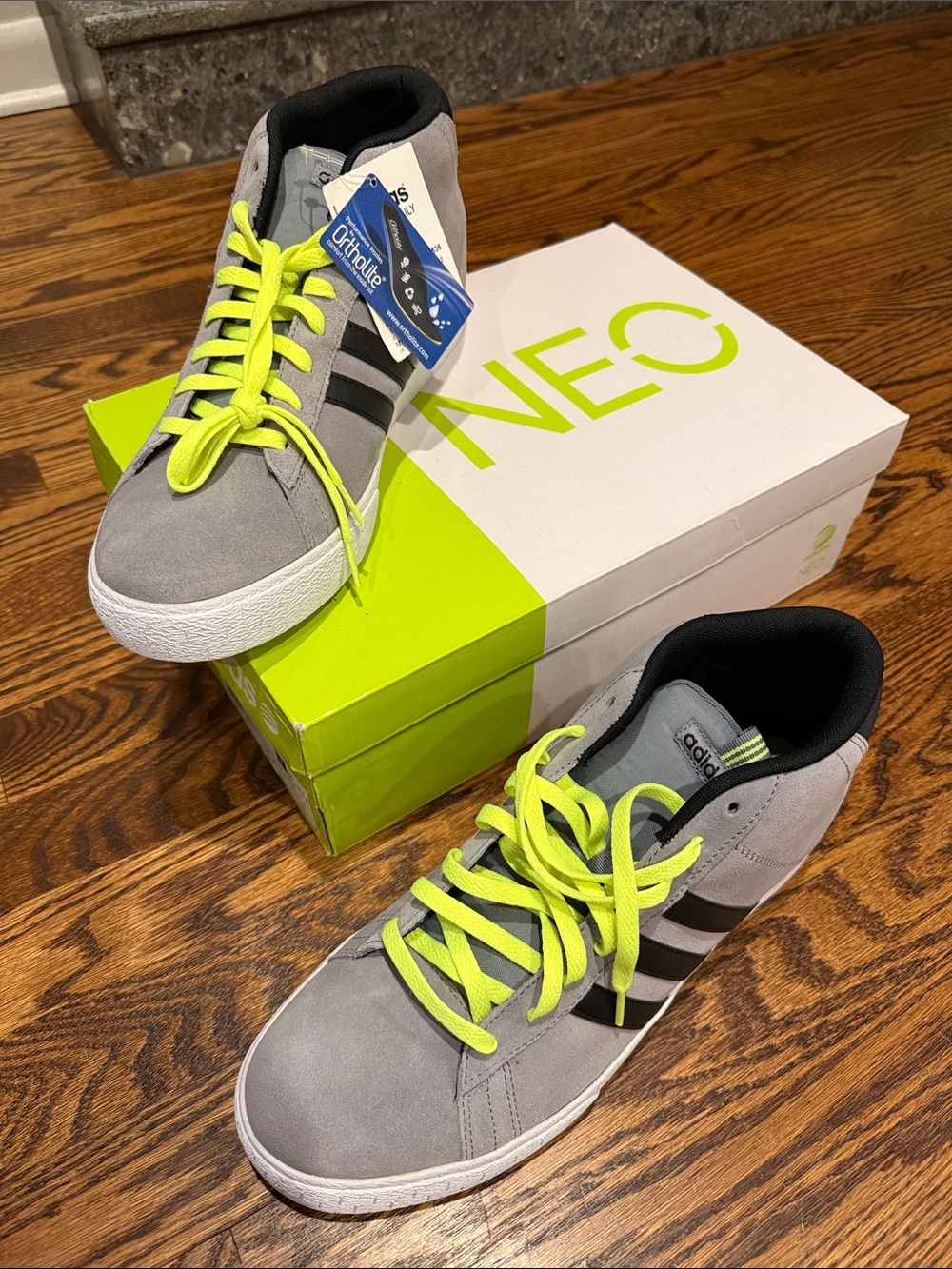 adidas Men’s 12.5 Gray Suede Sneakers with Neon Green Laces and Black Stripes